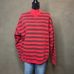 Vintage RUSH Striped Mock Neck Long Sleeve Shirt Red Black USA Cotton L